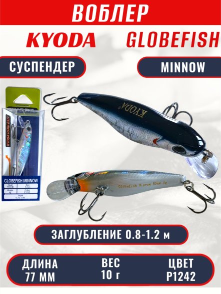 Воблер KYODA Globefish Minnow-77SP, длина 7,7 см, вес 10.0 гр цвет P1242, заглубление 0,8-1,2 м
